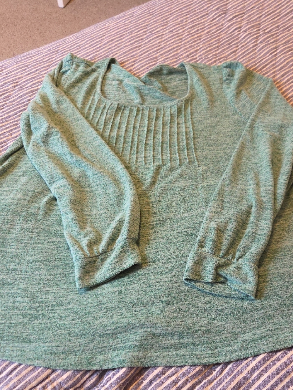 Green Knit Pleated Yoke Long Sleeve Top